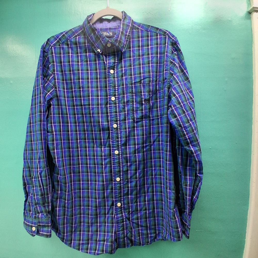 Chaps Button Down Shirt Medium Blue Green Plaid Easy Care Long Sleeve Preppy